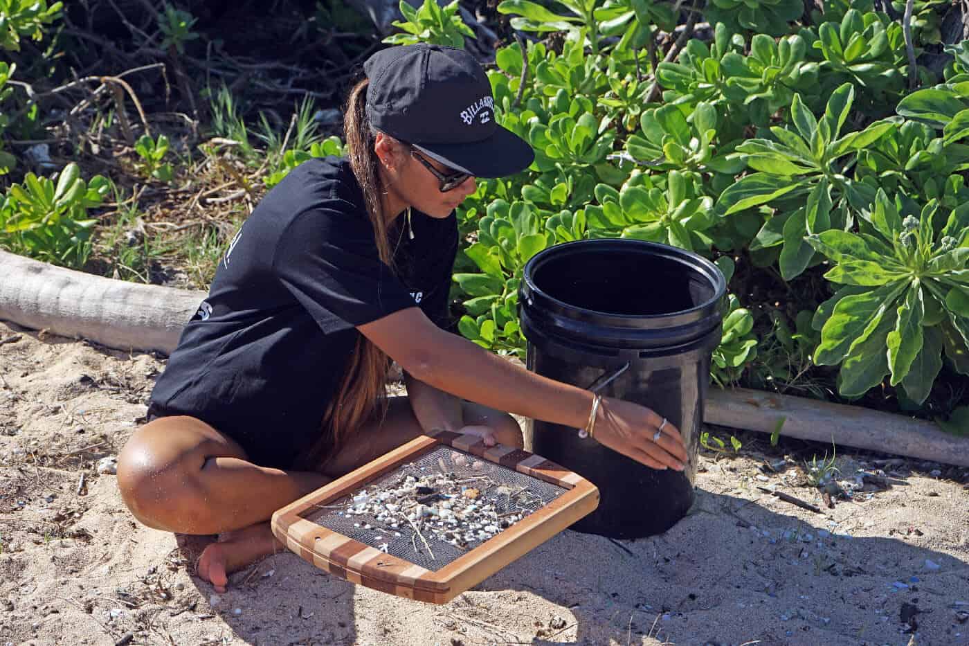 microplastic sifting on beach in Hawaii